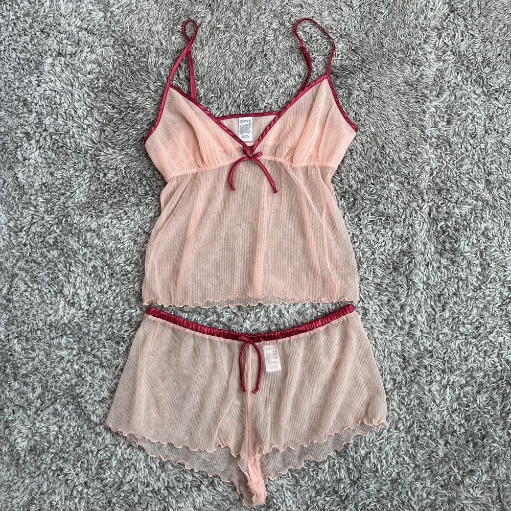 DKNY Sheer Mesh Cami Set with Shorts M Pink Satin Trim Lettuce Hem Y2K Ethereal